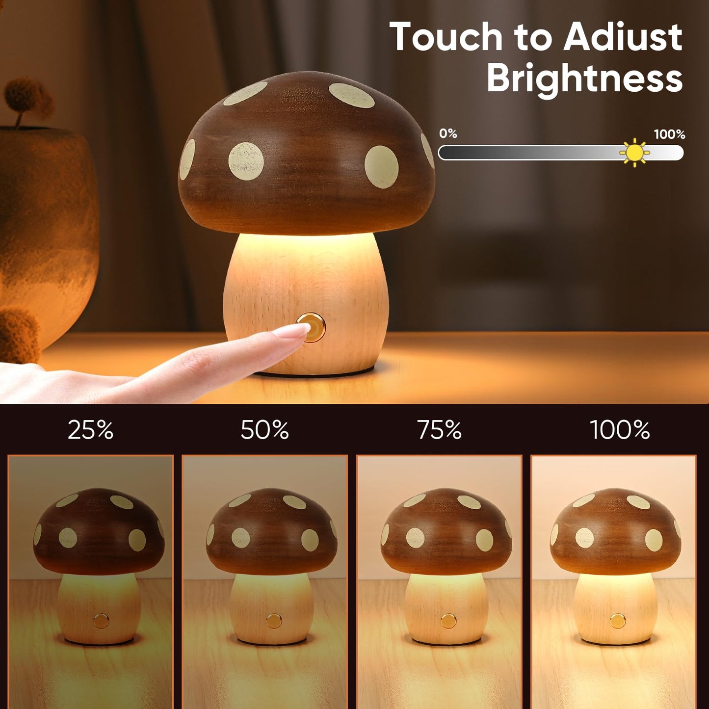 Touch Control Mushroom Night Light – Rechargeable Wooden Desk Lamp with 4 Brightness Levels, Soft Warm Glow for Baby Nursery, Bedroom, or Travel (Wooden Color) - Image 6