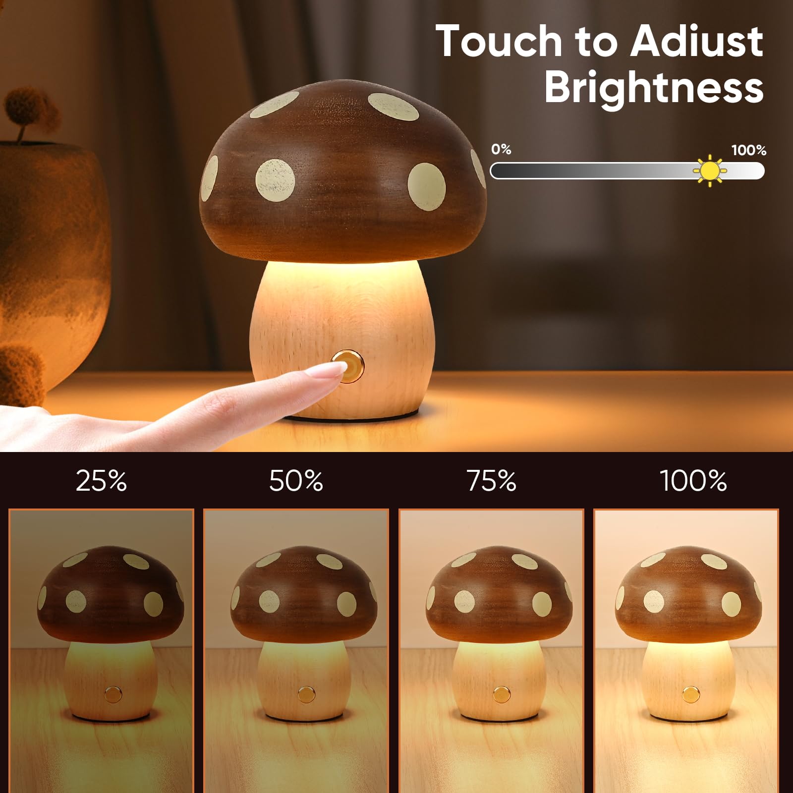 Touch Control Mushroom Night Light – Rechargeable Wooden Desk Lamp with 4 Brightness Levels, Soft Warm Glow for Baby Nursery, Bedroom, or Travel (Wooden Color) - Image 6