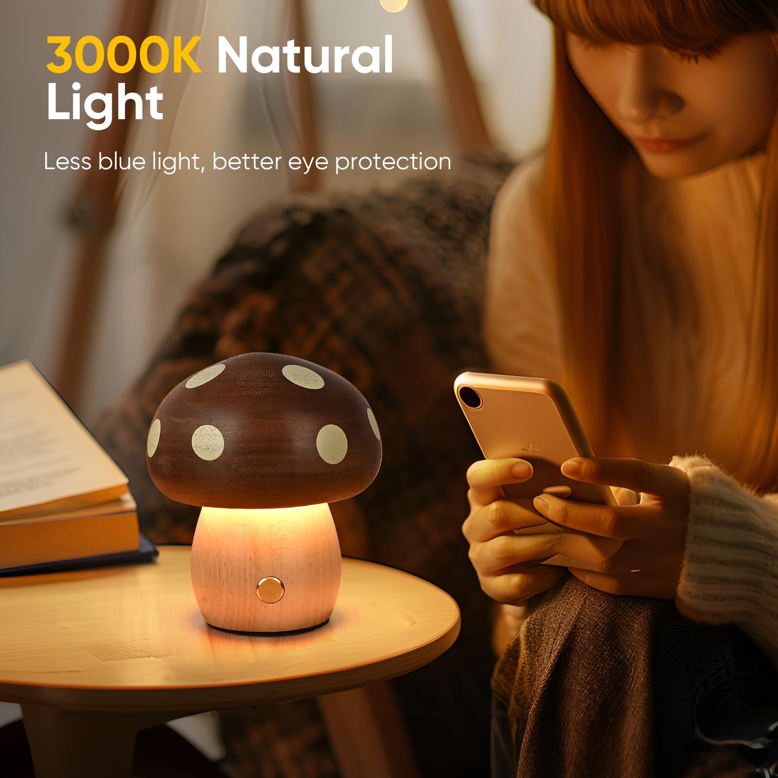Touch Control Mushroom Night Light – Rechargeable Wooden Desk Lamp with 4 Brightness Levels, Soft Warm Glow for Baby Nursery, Bedroom, or Travel (Wooden Color) - Image 7