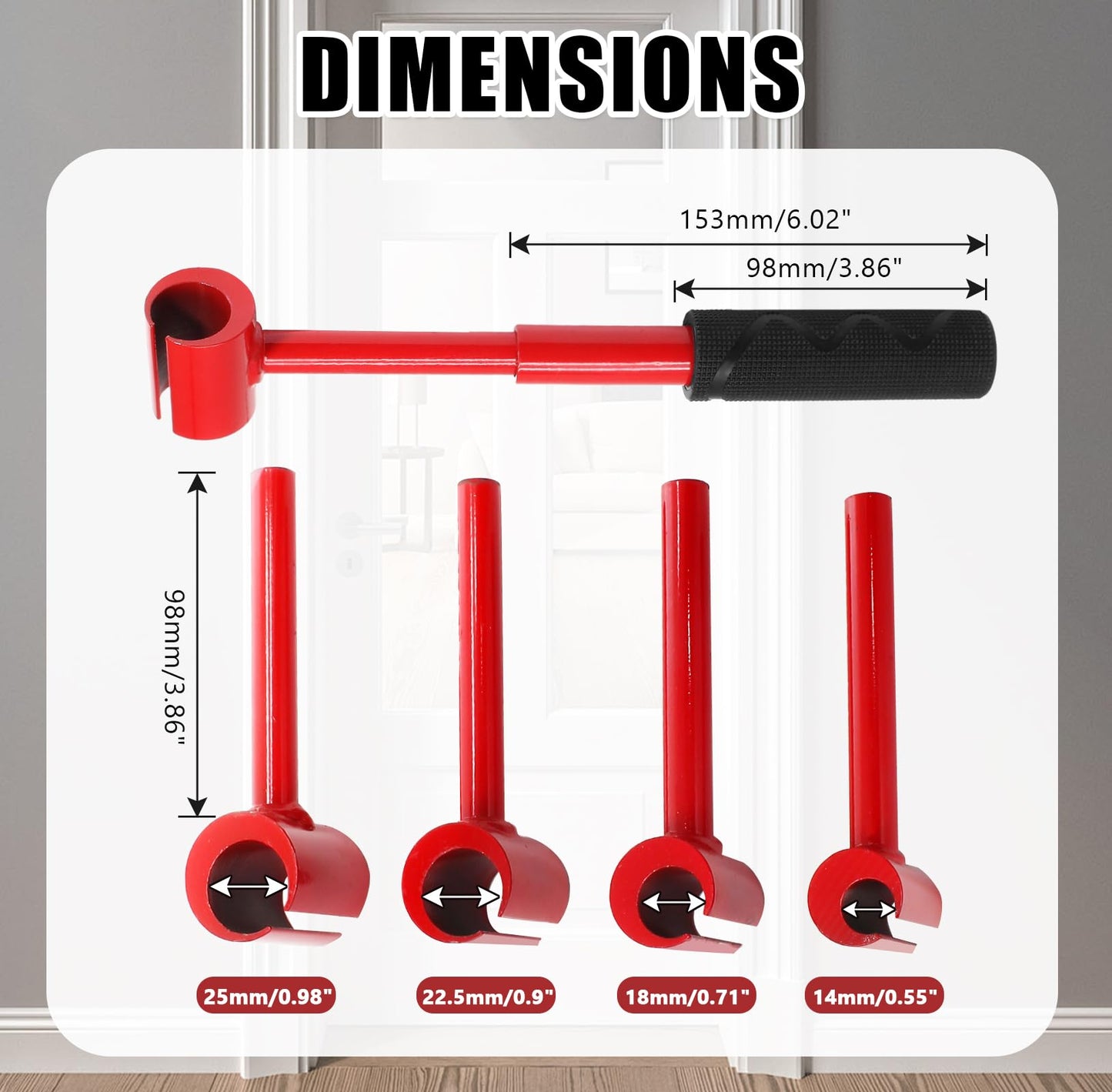 4-in-1 Door Hinge Adjustment Tool – Heavy-Duty Carbon Steel Wrench with Interchangeable Heads for 14mm/0.55" to 25mm/0.98" Hinges, 153mm/6.02" Length (Red) - Image 2