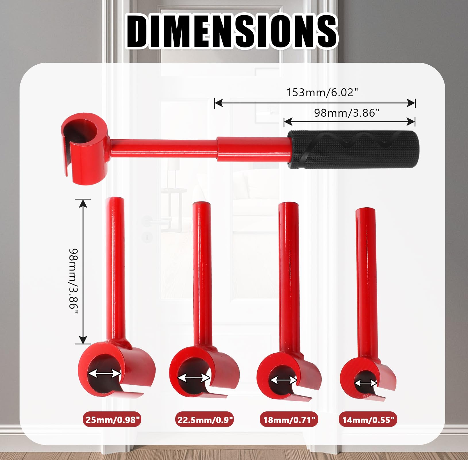 4-in-1 Door Hinge Adjustment Tool – Heavy-Duty Carbon Steel Wrench with Interchangeable Heads for 14mm/0.55" to 25mm/0.98" Hinges, 153mm/6.02" Length (Red) - Image 2