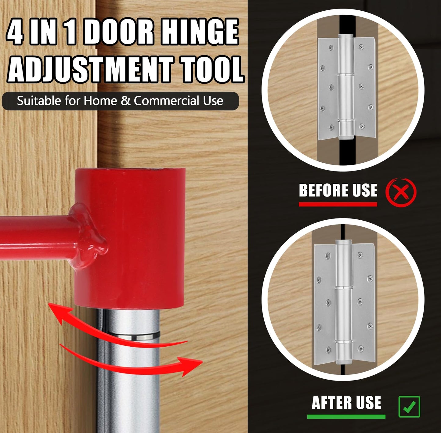 4-in-1 Door Hinge Adjustment Tool – Heavy-Duty Carbon Steel Wrench with Interchangeable Heads for 14mm/0.55" to 25mm/0.98" Hinges, 153mm/6.02" Length (Red) - Image 3