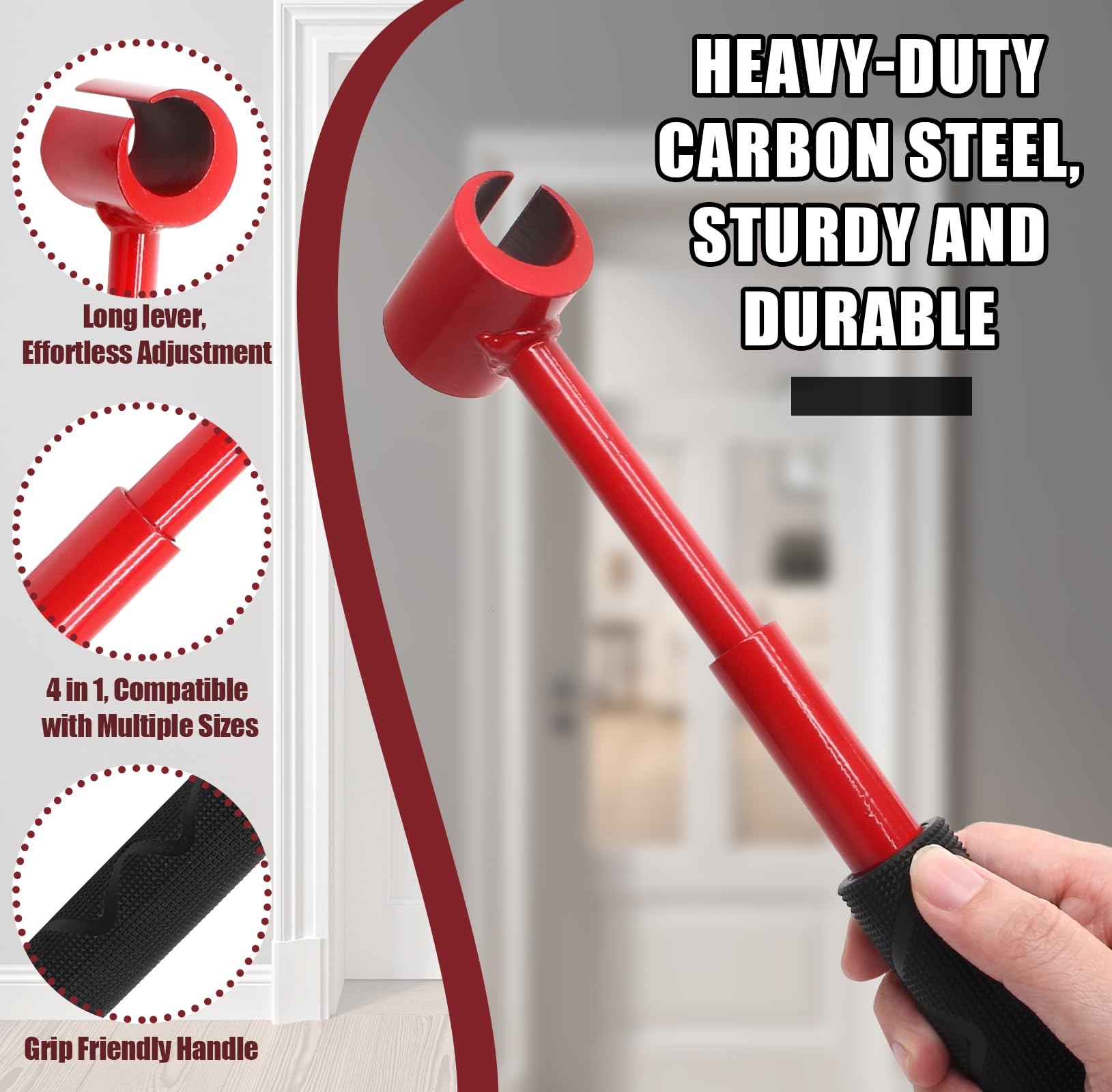 4-in-1 Door Hinge Adjustment Tool – Heavy-Duty Carbon Steel Wrench with Interchangeable Heads for 14mm/0.55" to 25mm/0.98" Hinges, 153mm/6.02" Length (Red) - Image 4