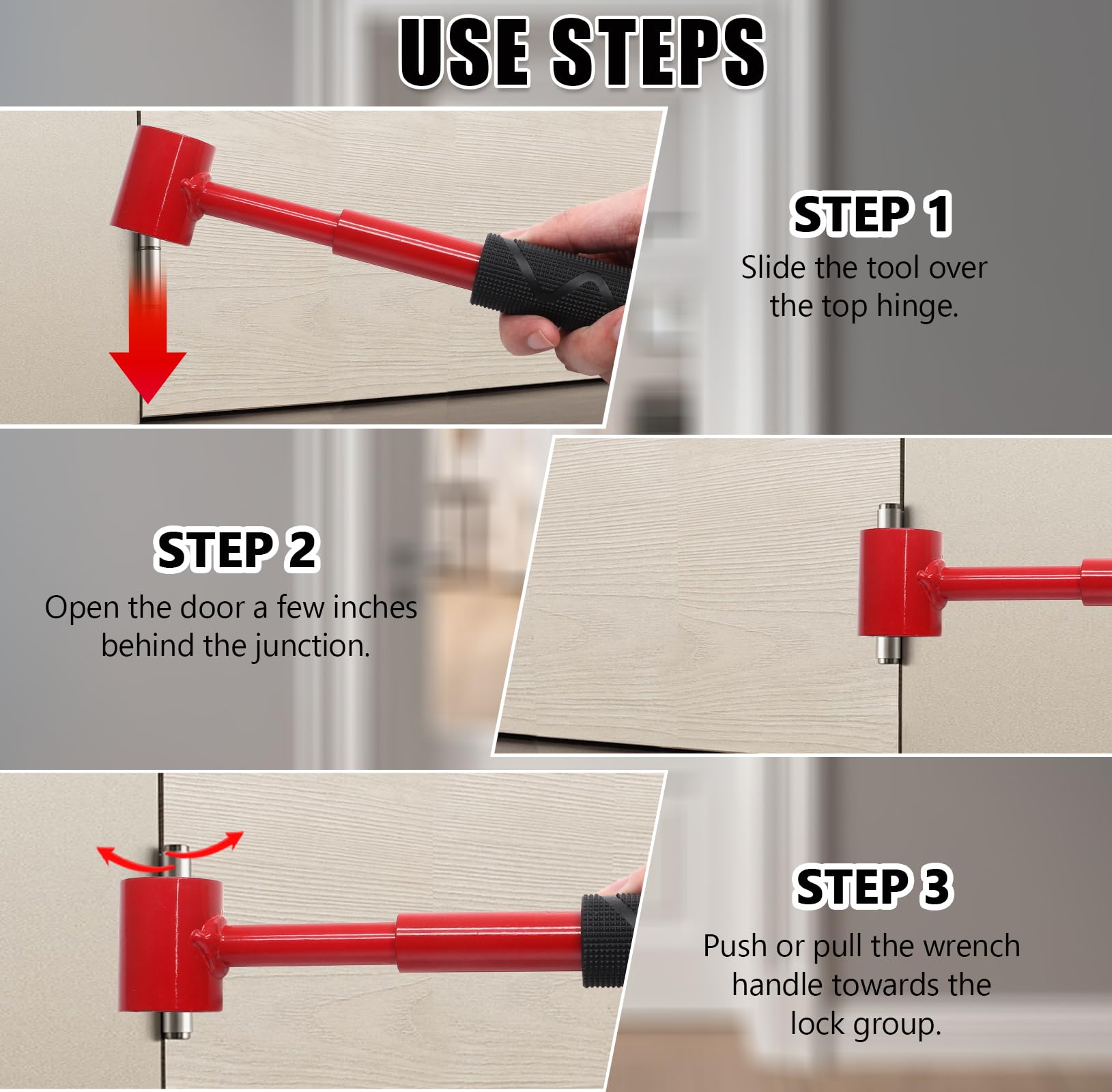 4-in-1 Door Hinge Adjustment Tool – Heavy-Duty Carbon Steel Wrench with Interchangeable Heads for 14mm/0.55" to 25mm/0.98" Hinges, 153mm/6.02" Length (Red) - Image 5