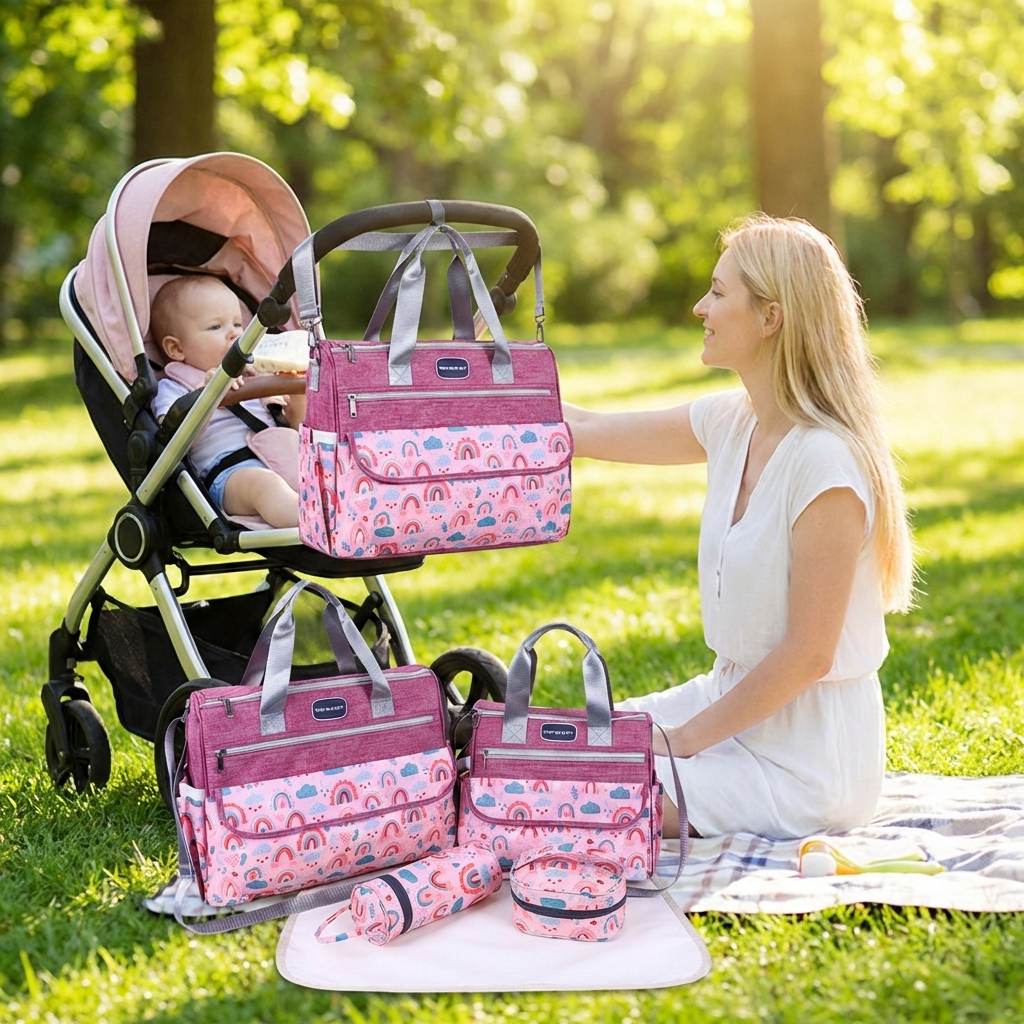 Newborn Diaper Bag Set with Changing Pad – 4-Piece Baby Organizer, Large Capacity Mom Backpack, Insulated Bottle Sleeve & Lunch Bag, Travel Diaper Bag for Moms (Red) - Image 4