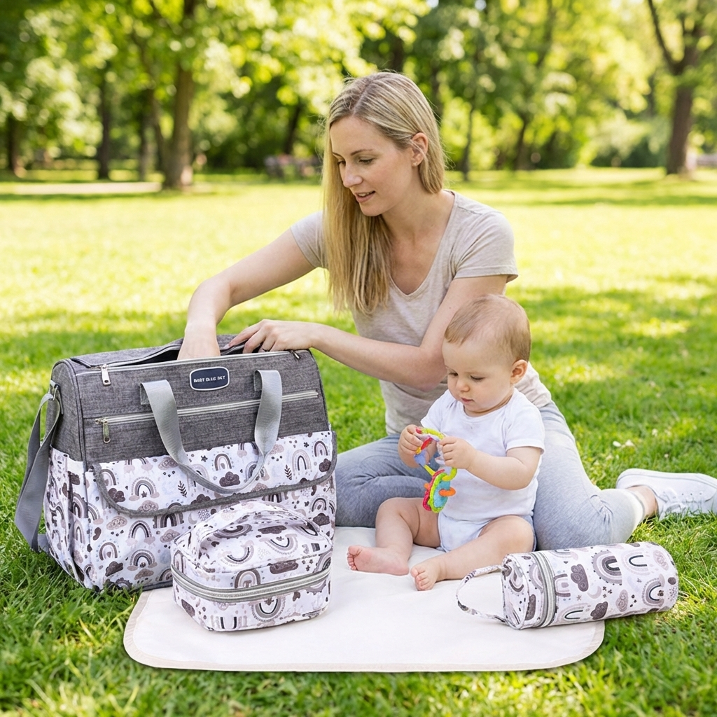 Newborn Diaper Bag Set with Changing Pad – 4-Piece Baby Organizer, Large Capacity Mom Backpack, Insulated Bottle Sleeve & Lunch Bag, Travel Diaper Bag for Moms (Grey) - Image 3