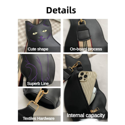 Cute 3D Cat Shape Crossbody Bag – Unisex PU Leather Shoulder Sling Backpack for Women & Men, Fashionable Mini Chest Bag, Trendy Accessory (Black-Grey) - Image 5