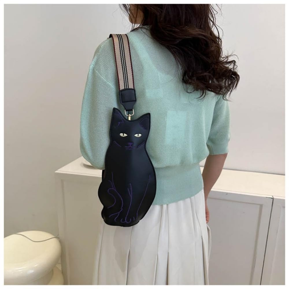 Cute 3D Cat Shape Crossbody Bag – Unisex PU Leather Shoulder Sling Backpack for Women & Men, Fashionable Mini Chest Bag, Trendy Accessory (Black-Puple) - Image 2