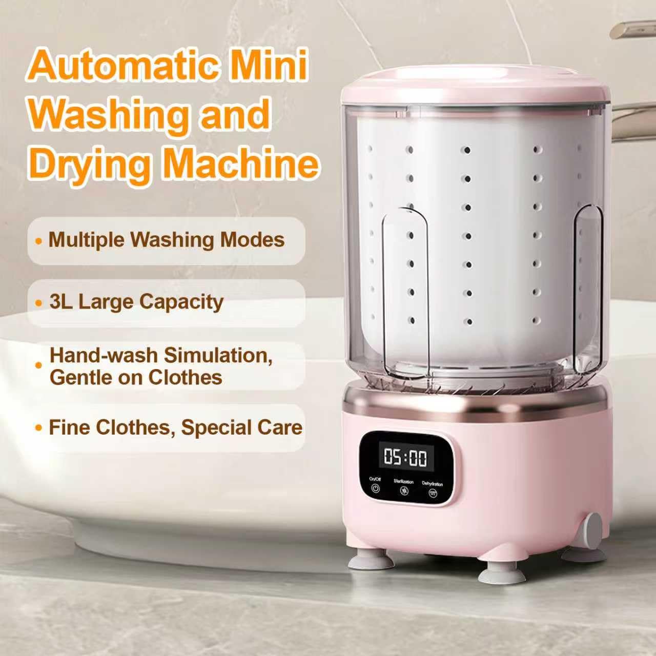 Portable Mini Washing Machine with Spin Dry & UV Sterilization – 3L Capacity, Wash, Rinse, Dehydrate, and Disinfect in One, Ideal for Underwear, Socks, Baby Clothes (Pink) - Image 3