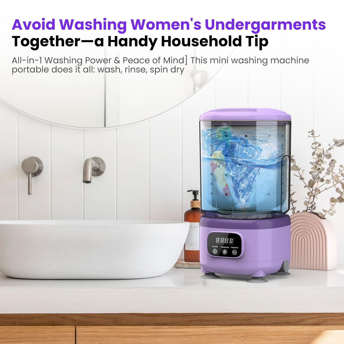 Portable Mini Washing Machine with Spin Dry & UV Sterilization – 3L Capacity, Wash, Rinse, Dehydrate, and Disinfect in One, Ideal for Underwear, Socks, Baby Clothes (Purple) - Image 5
