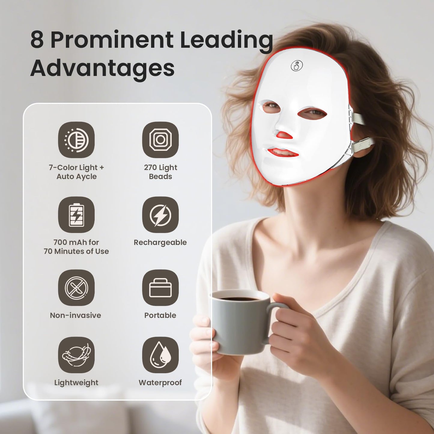 7-Color Facial Light Mask for Home Skincare – Rechargeable LED Beauty Device with 270 LEDs, One-Touch Control & Auto-Timer (White with Rose Gold Trim)   | Other Colors Available in Store - Image 2