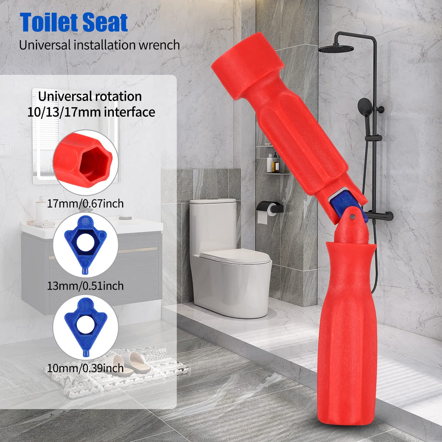 Universal Toilet Seat Installation Wrench – 10/13/17mm Adjustable Bathroom Repair Tool with Rotating Joint, Non-Slip Handle, Compact Design (Red) - Image 2