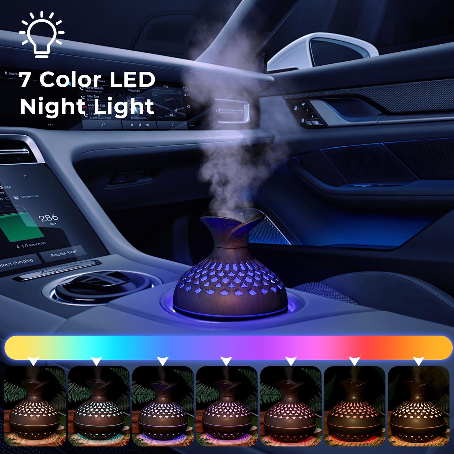 Portable USB Humidifier with 7-Color LED Night Light – Wood Grain Flower Design, Quiet Cool Mist Diffuser for Home, Office & Car (DarkWood) - Image 3
