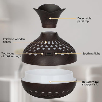 Portable USB Humidifier with 7-Color LED Night Light – Wood Grain Flower Design, Quiet Cool Mist Diffuser for Home, Office & Car (DarkWood) - Image 4