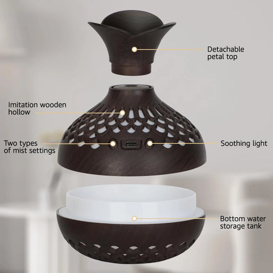 Portable USB Humidifier with 7-Color LED Night Light – Wood Grain Flower Design, Quiet Cool Mist Diffuser for Home, Office & Car (DarkWood) - Image 4