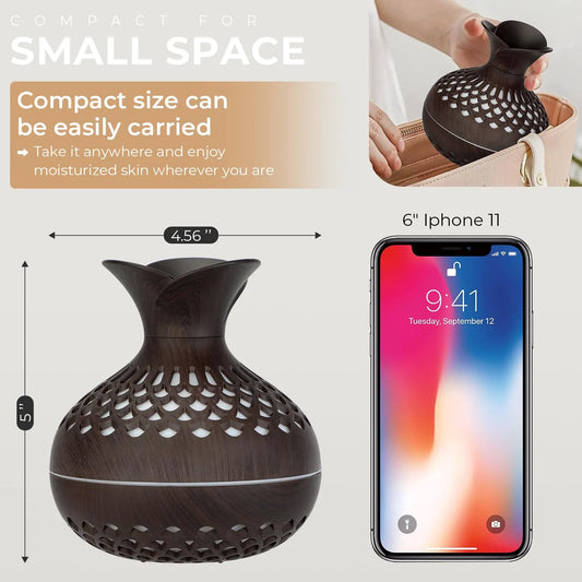 Portable USB Humidifier with 7-Color LED Night Light – Wood Grain Flower Design, Quiet Cool Mist Diffuser for Home, Office & Car (Lightwood) - Image 2