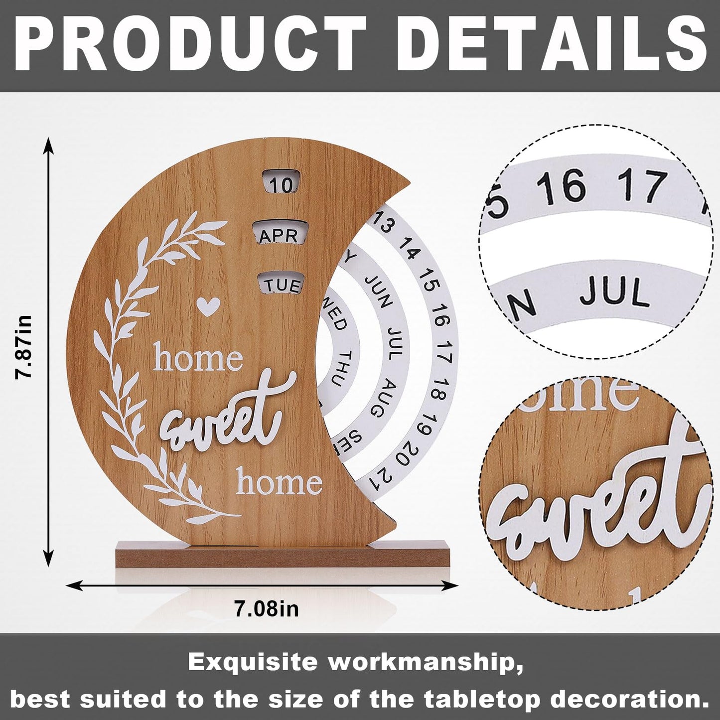 Wooden Perpetual Calendar with Rotating Discs – Elegant Desk Decor for Home & Office, “Home Sweet Home” Design (Natural Wood) - Image 2