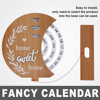 Wooden Perpetual Calendar with Rotating Discs – Elegant Desk Decor for Home & Office, “Home Sweet Home” Design (Natural Wood) - Image 3