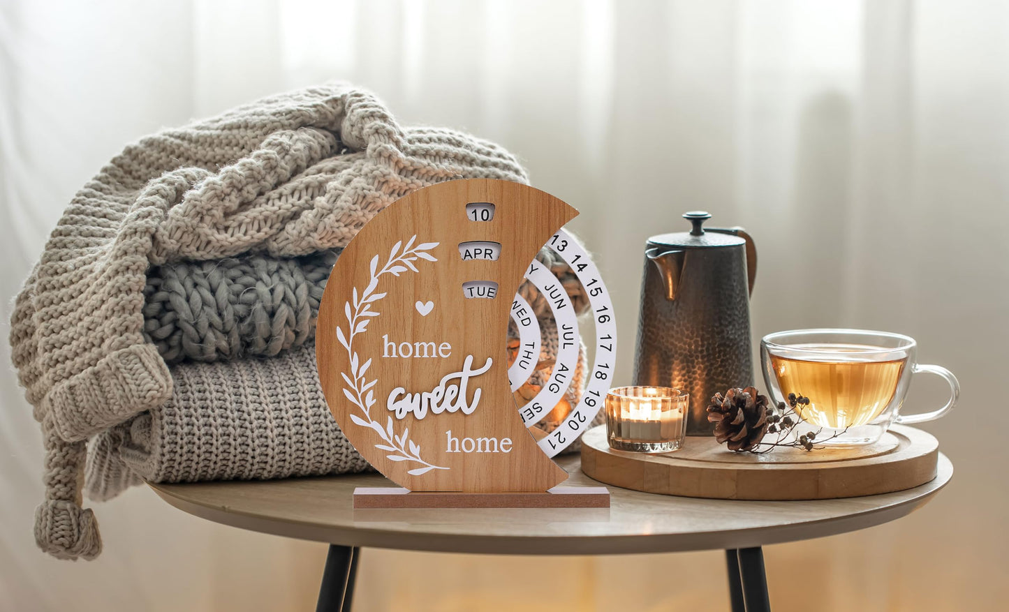 Wooden Perpetual Calendar with Rotating Discs – Elegant Desk Decor for Home & Office, “Home Sweet Home” Design (Natural Wood) - Image 4