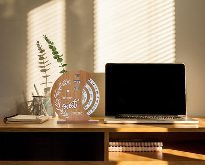 Wooden Perpetual Calendar with Rotating Discs – Elegant Desk Decor for Home & Office, “Home Sweet Home” Design (Natural Wood) - Image 5