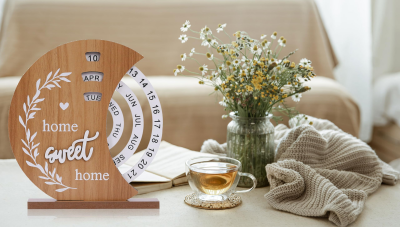 Wooden Perpetual Calendar with Rotating Discs – Elegant Desk Decor for Home & Office, “Home Sweet Home” Design (Natural Wood) - Image 6