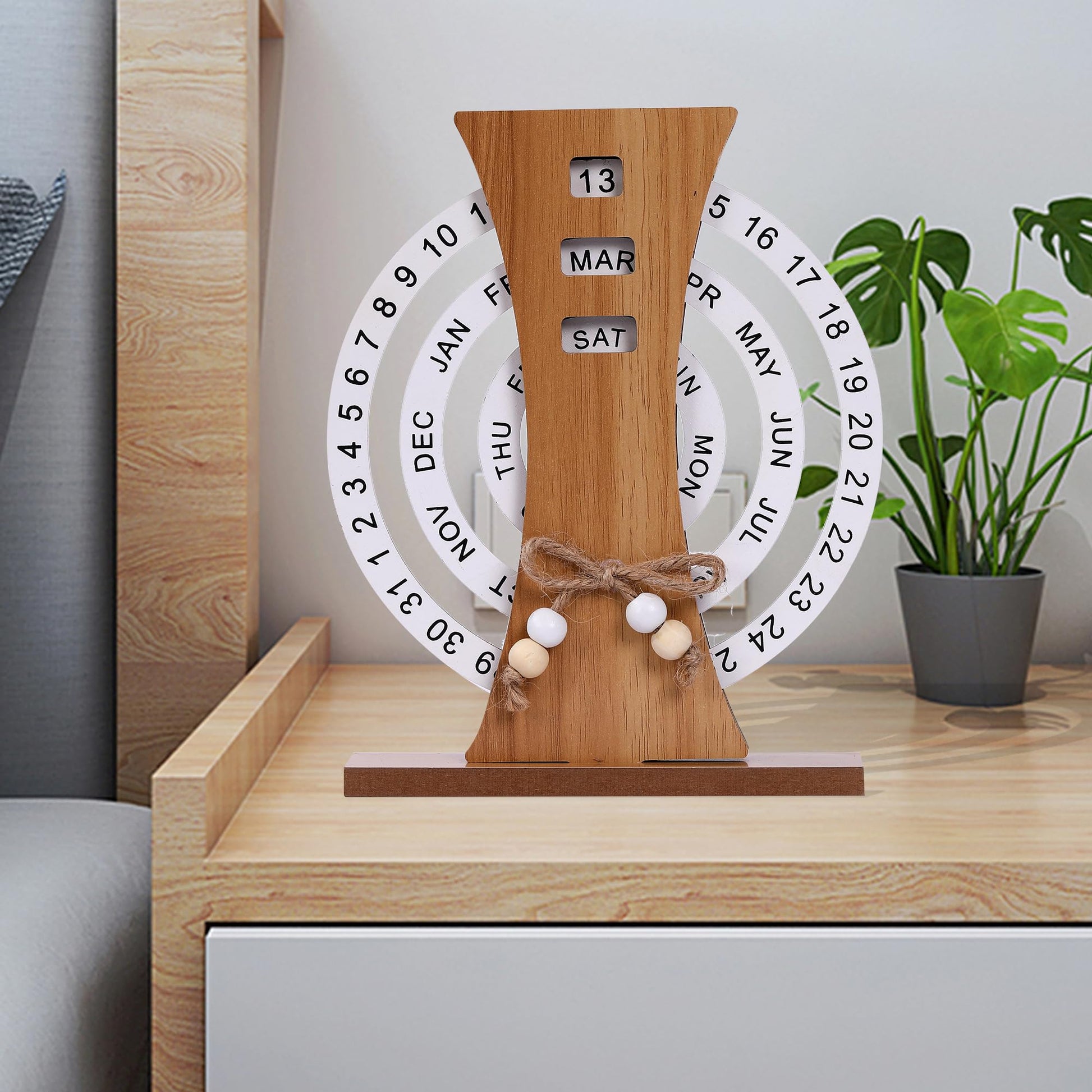 Wooden Perpetual Calendar with Rotating Discs – Elegant Desk Decor for Home & Office, Date Day Month Display (Natural Wood) - Image 5
