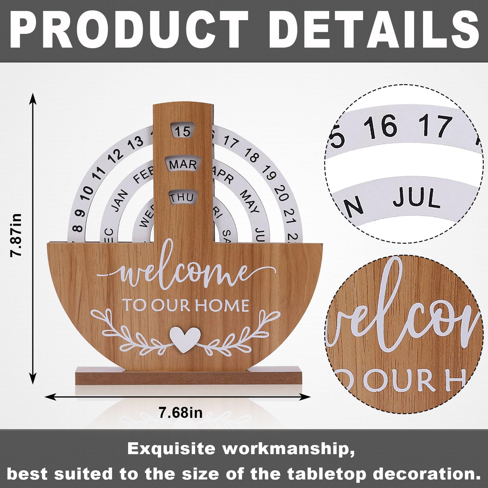 Wooden Perpetual Calendar with "Welcome to Our Home" Design – Rotating Desk Decor for Office & Living Space (Natural Wood)  - Image 2