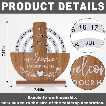 Wooden Perpetual Calendar with "Welcome to Our Home" Design – Rotating Desk Decor for Office & Living Space (Natural Wood)  - Image 2