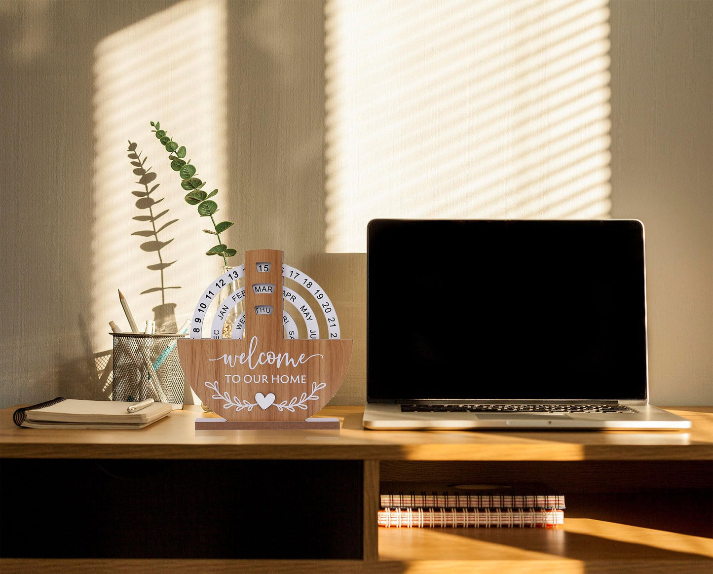 Wooden Perpetual Calendar with "Welcome to Our Home" Design – Rotating Desk Decor for Office & Living Space (Natural Wood)  - Image 5