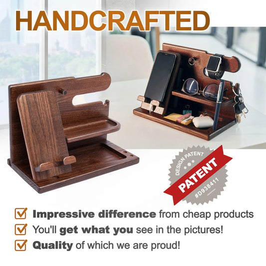 Wooden Desk Organizer for Men – Multi-Function Phone Stand, Watch & Glasses Holder, Key & Wallet Tray (Vintage Brown) - Image 2