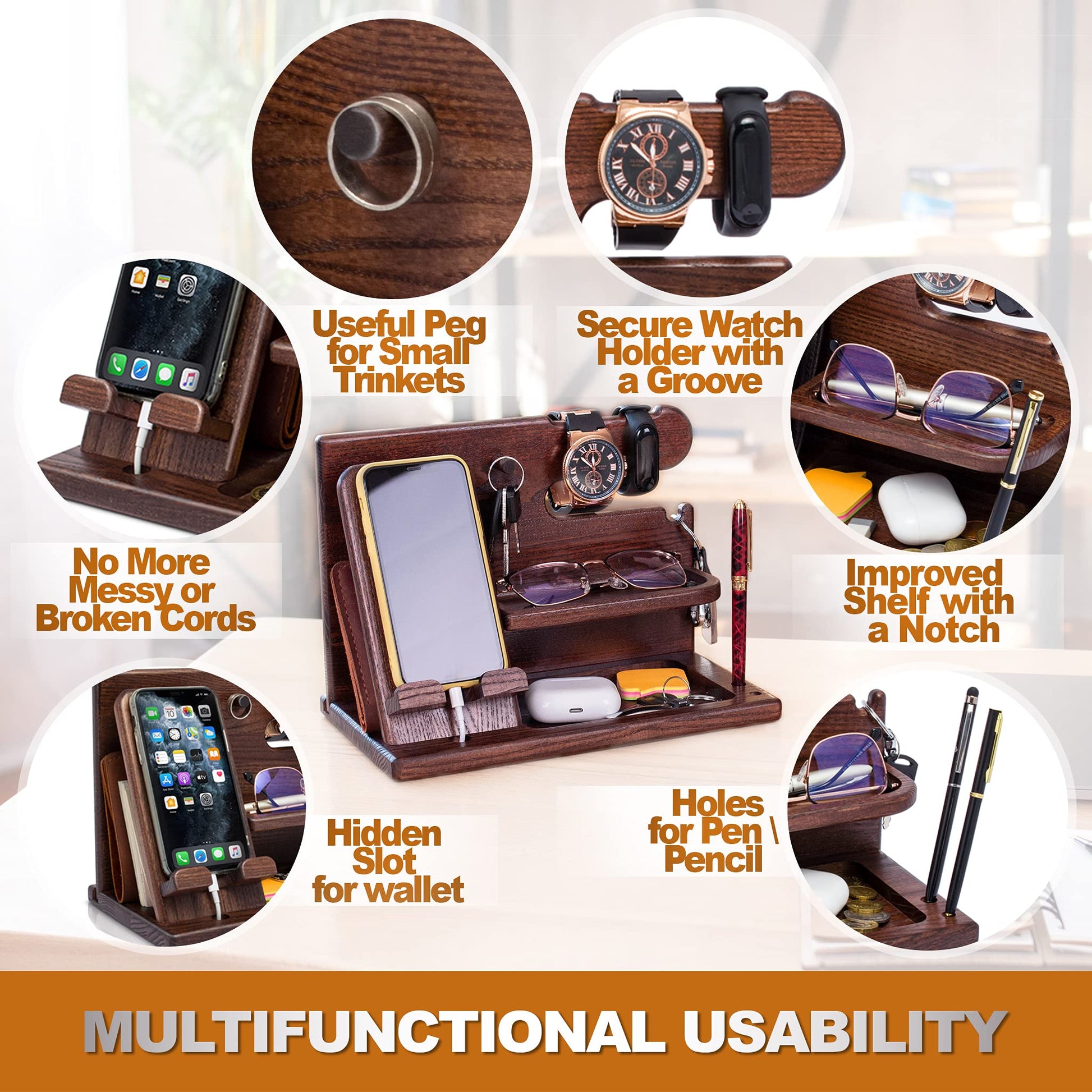 Wooden Desk Organizer for Men – Multi-Function Phone Stand, Watch & Glasses Holder, Key & Wallet Tray (Vintage Brown) - Image 3