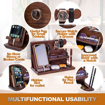 Wooden Desk Organizer for Men – Multi-Function Phone Stand, Watch & Glasses Holder, Key & Wallet Tray (Vintage Brown) - Image 3