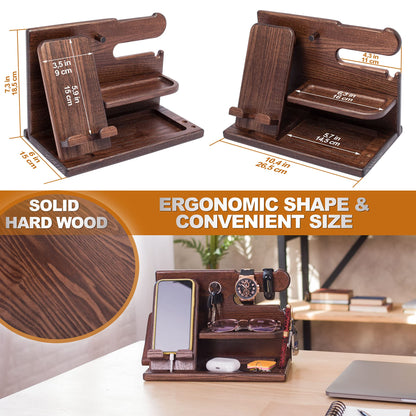 Wooden Desk Organizer for Men – Multi-Function Phone Stand, Watch & Glasses Holder, Key & Wallet Tray (Vintage Brown) - Image 4