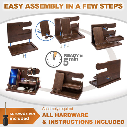Wooden Desk Organizer for Men – Multi-Function Phone Stand, Watch & Glasses Holder, Key & Wallet Tray (Vintage Brown) - Image 5