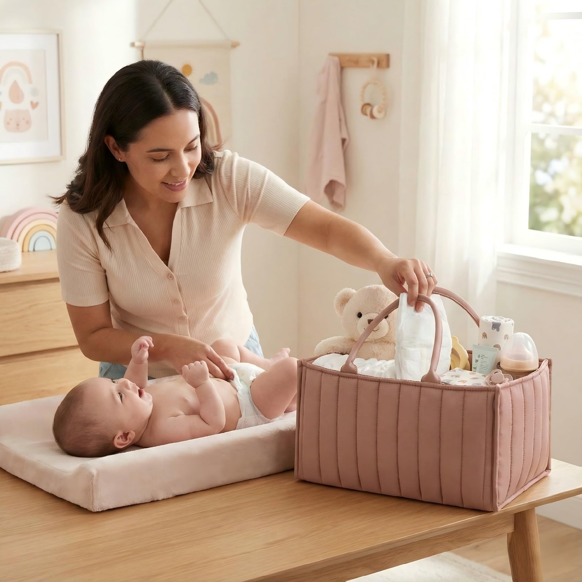 Large Baby Diaper Caddy Organizer – Stylish Storage Basket for Nursery, Changing Table & Travel – Portable Urn for Diapers, Wipes, Toys & Essentials (Pink) - Image 4