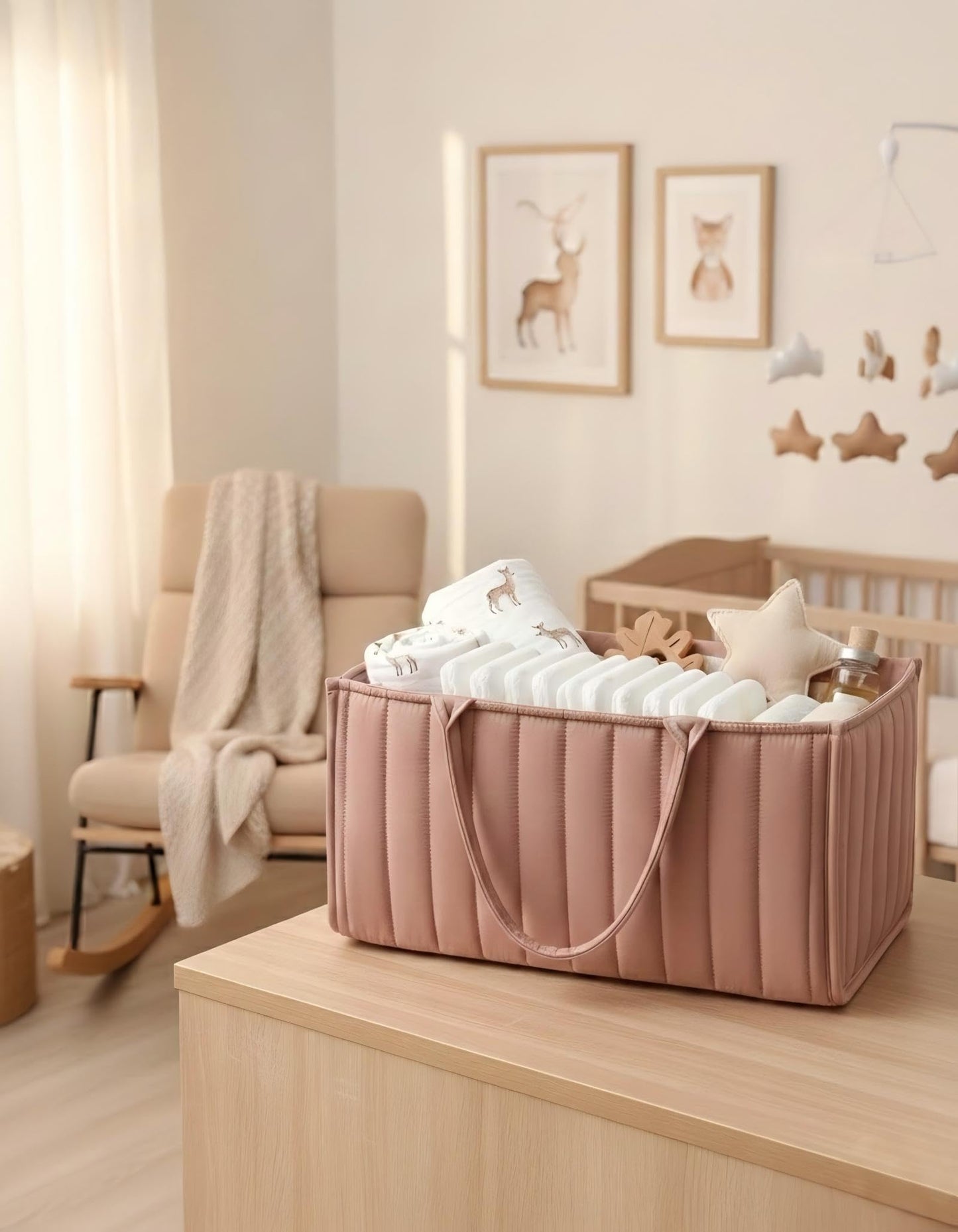 Large Baby Diaper Caddy Organizer – Stylish Storage Basket for Nursery, Changing Table & Travel – Portable Urn for Diapers, Wipes, Toys & Essentials (Pink) - Image 5