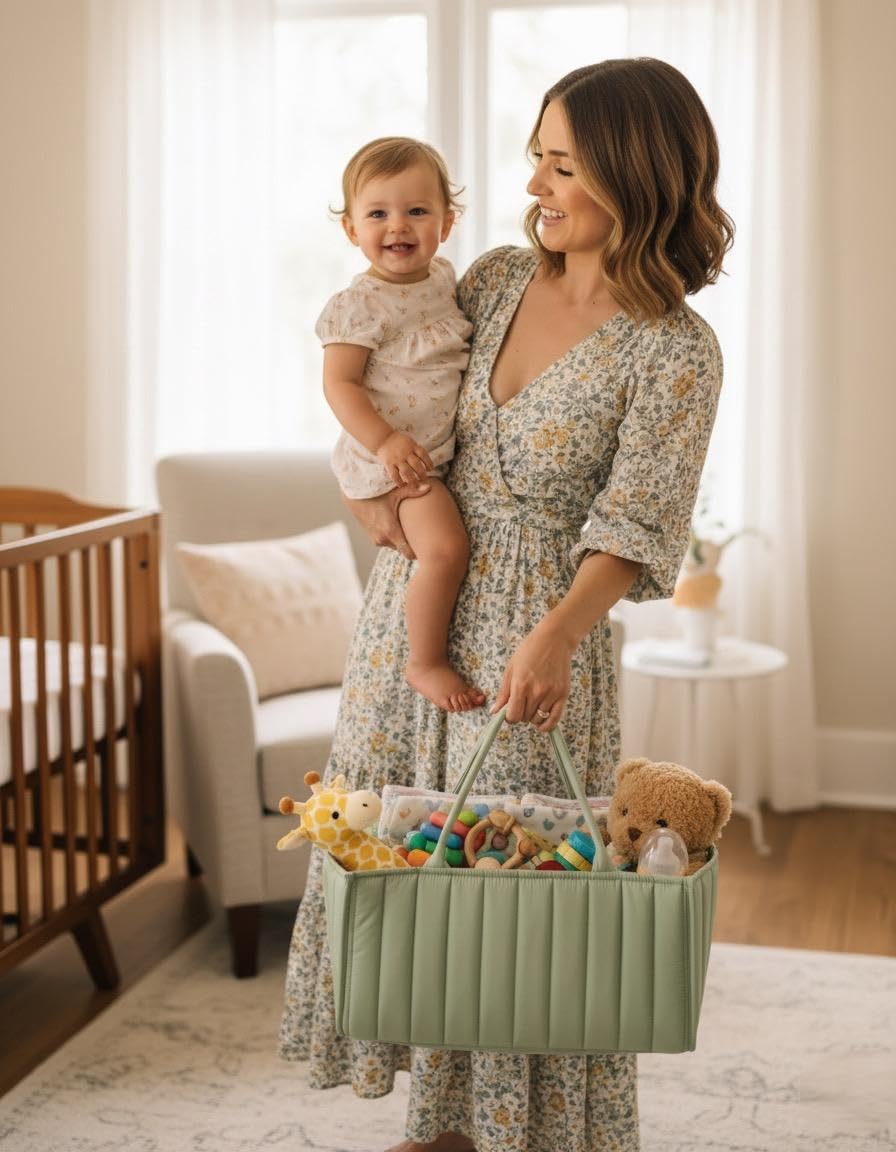 Large Baby Diaper Caddy Organizer – Stylish Storage Basket for Nursery, Changing Table & Travel – Portable Urn for Diapers, Wipes, Toys & Essentials (Green) - Image 3