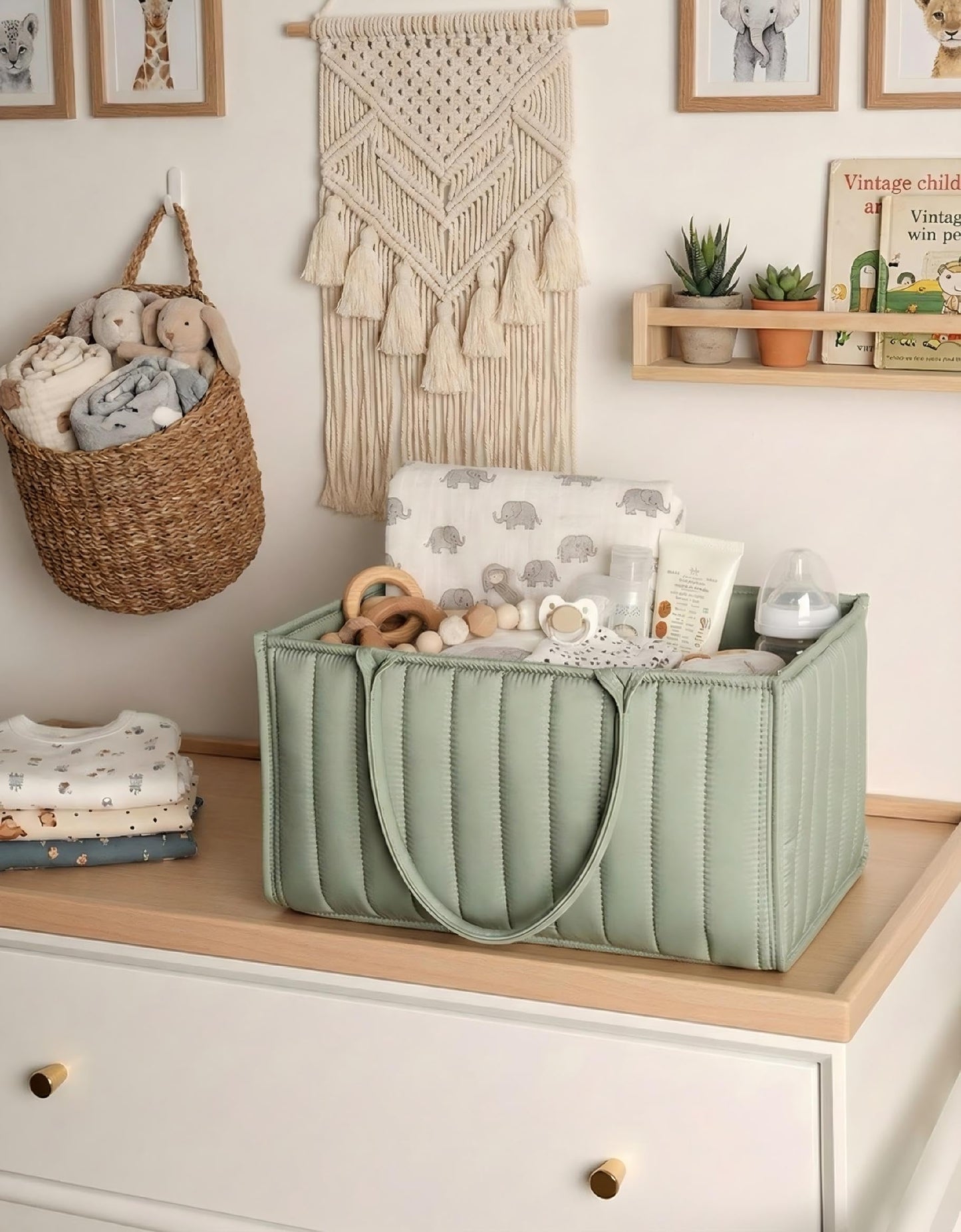 Large Baby Diaper Caddy Organizer – Stylish Storage Basket for Nursery, Changing Table & Travel – Portable Urn for Diapers, Wipes, Toys & Essentials (Green) - Image 5