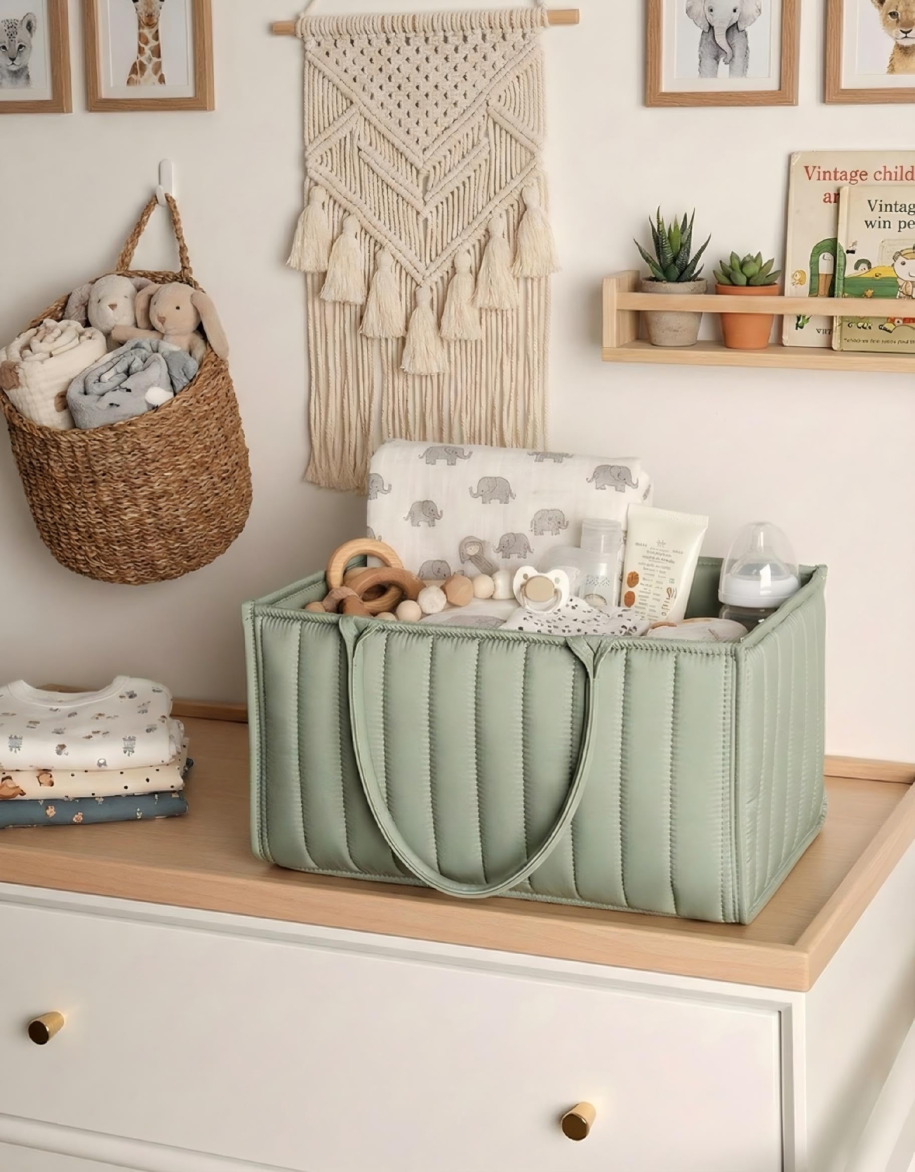 Large Baby Diaper Caddy Organizer – Stylish Storage Basket for Nursery, Changing Table & Travel – Portable Urn for Diapers, Wipes, Toys & Essentials (Green) - Image 5