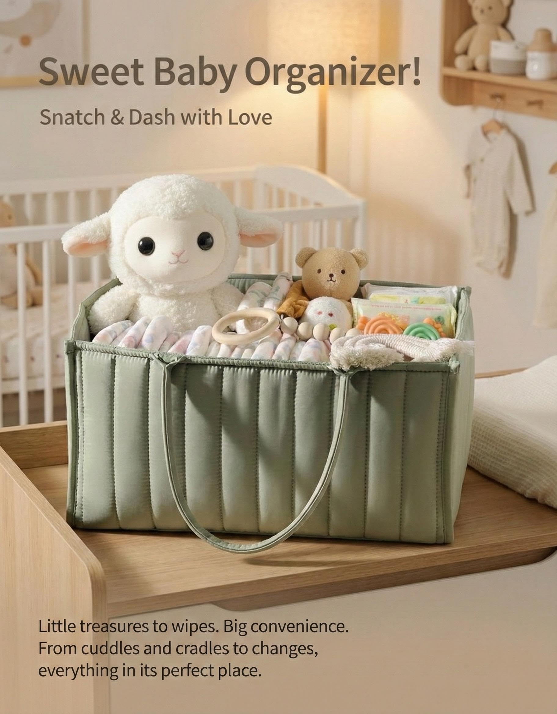 Large Baby Diaper Caddy Organizer – Stylish Storage Basket for Nursery, Changing Table & Travel – Portable Urn for Diapers, Wipes, Toys & Essentials (Green) - Image 8