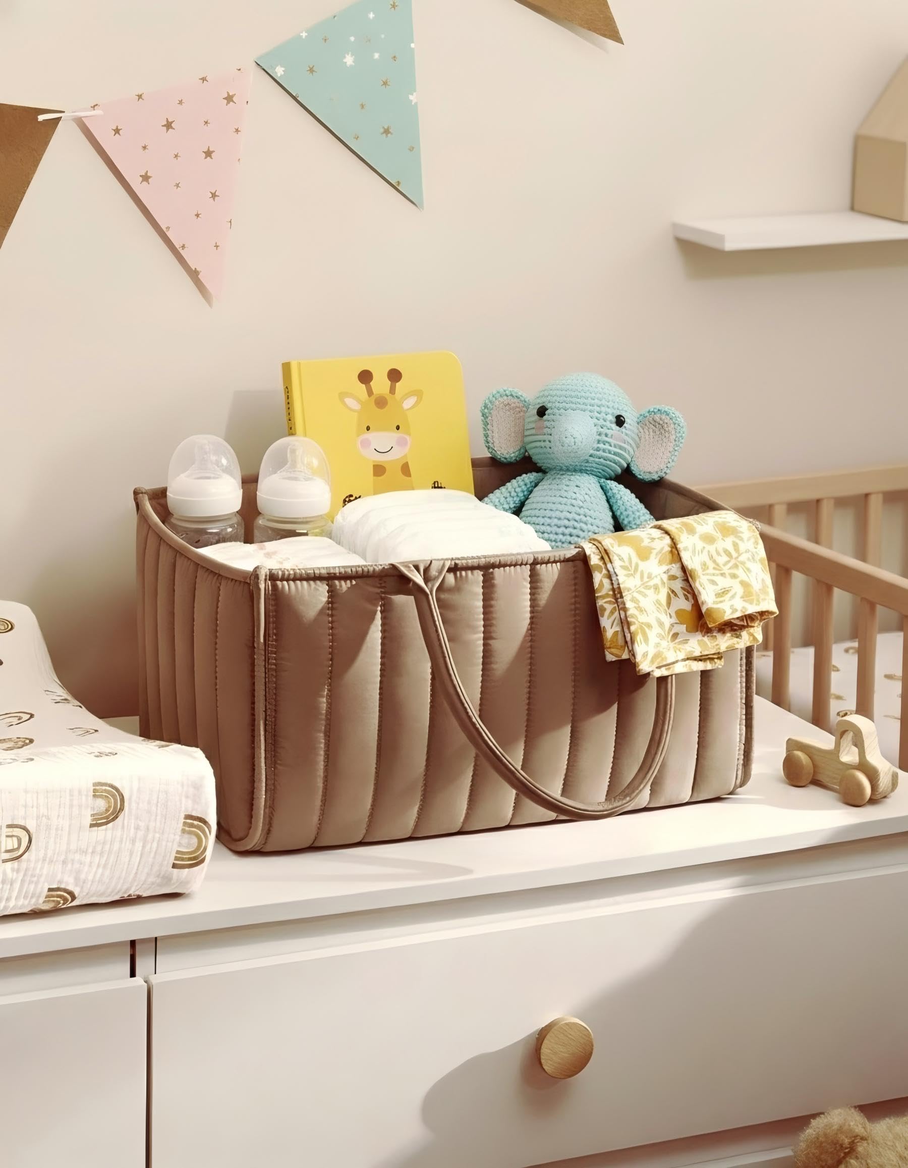 Large Baby Diaper Caddy Organizer – Stylish Storage Basket for Nursery, Changing Table & Travel – Portable Urn for Diapers, Wipes, Toys & Essentials (Brown) - Image 5