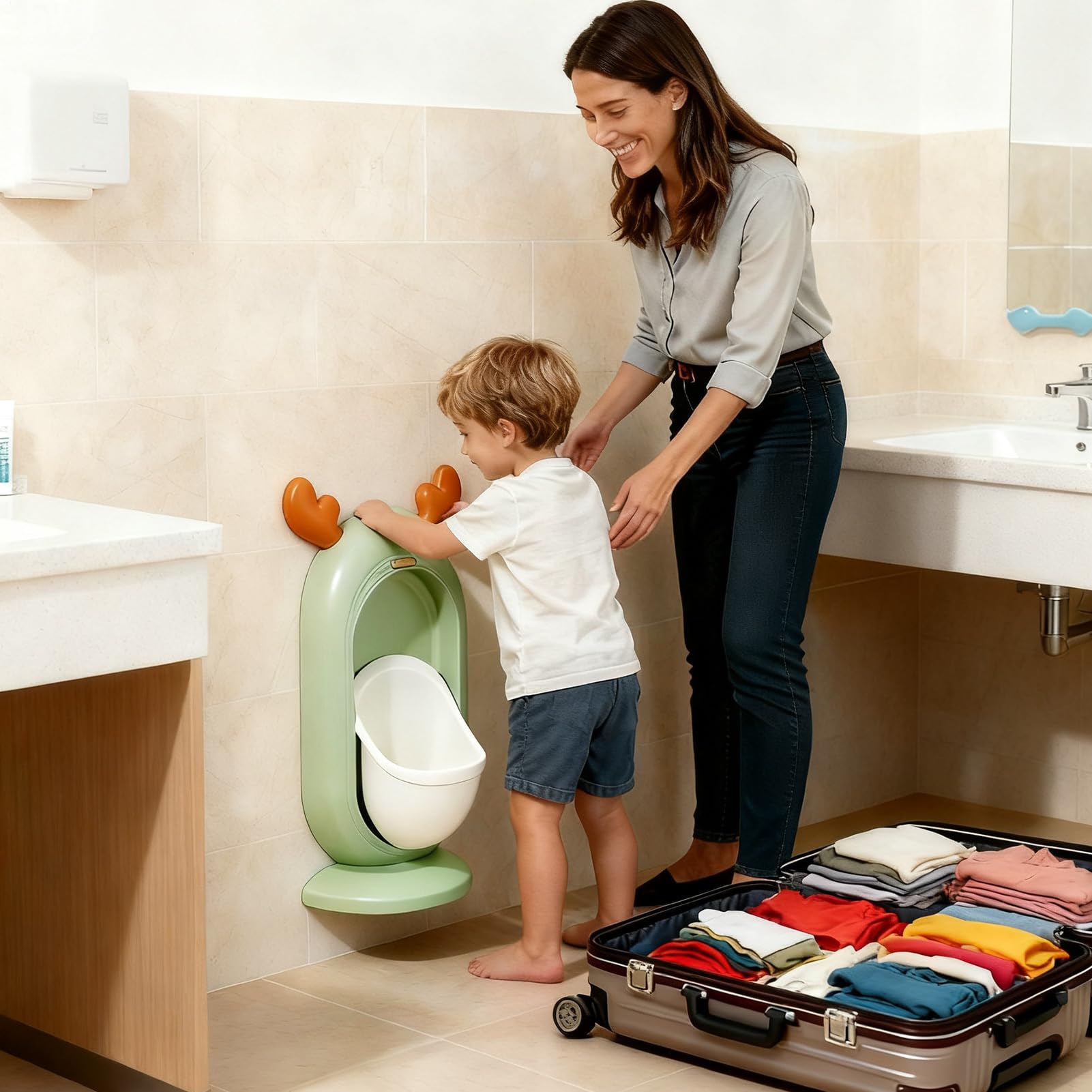 Wall-Mounted Kids Urinal for Boys – Adjustable Height Training Potty with Cute Cartoon Design, Anti-Splash, Easy to Clean, Portable Toilet for Home, Nursery, Travel (Green) - Image 4