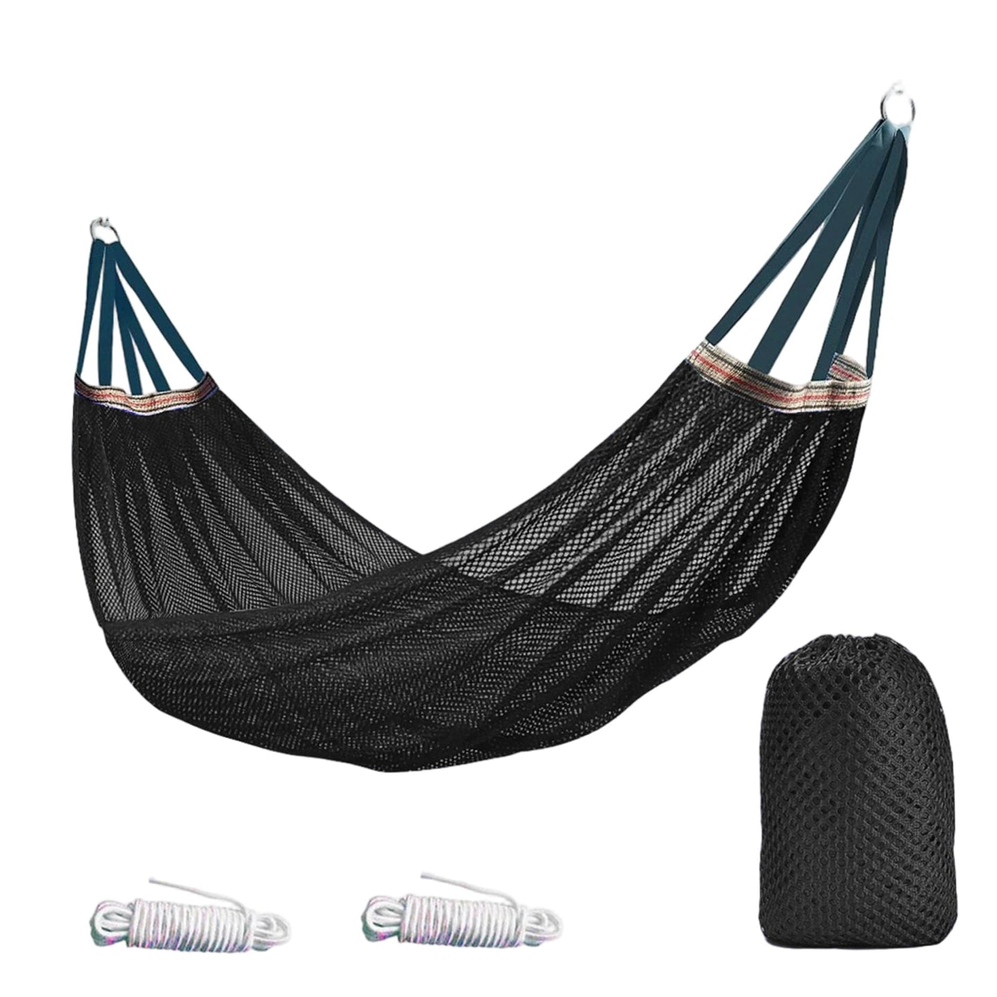 Outdoor Nylon Hammock with Tree Straps – Portable Mesh Hanging Bed for Camping, Beach, Garden, Lightweight & Durable Swing Chair (Black) - Image 3