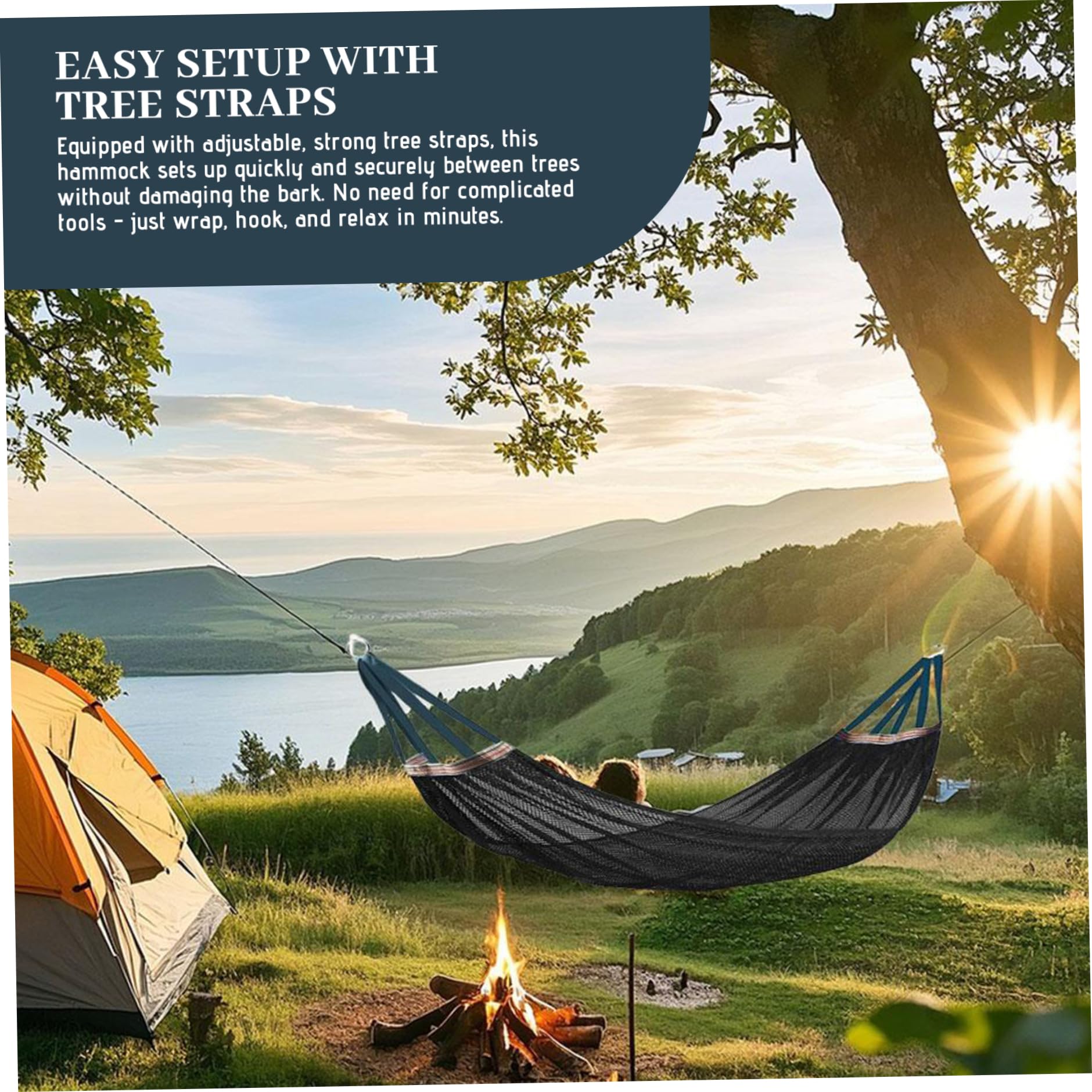 Outdoor Nylon Hammock with Tree Straps – Portable Mesh Hanging Bed for Camping, Beach, Garden, Lightweight & Durable Swing Chair (Black) - Image 7