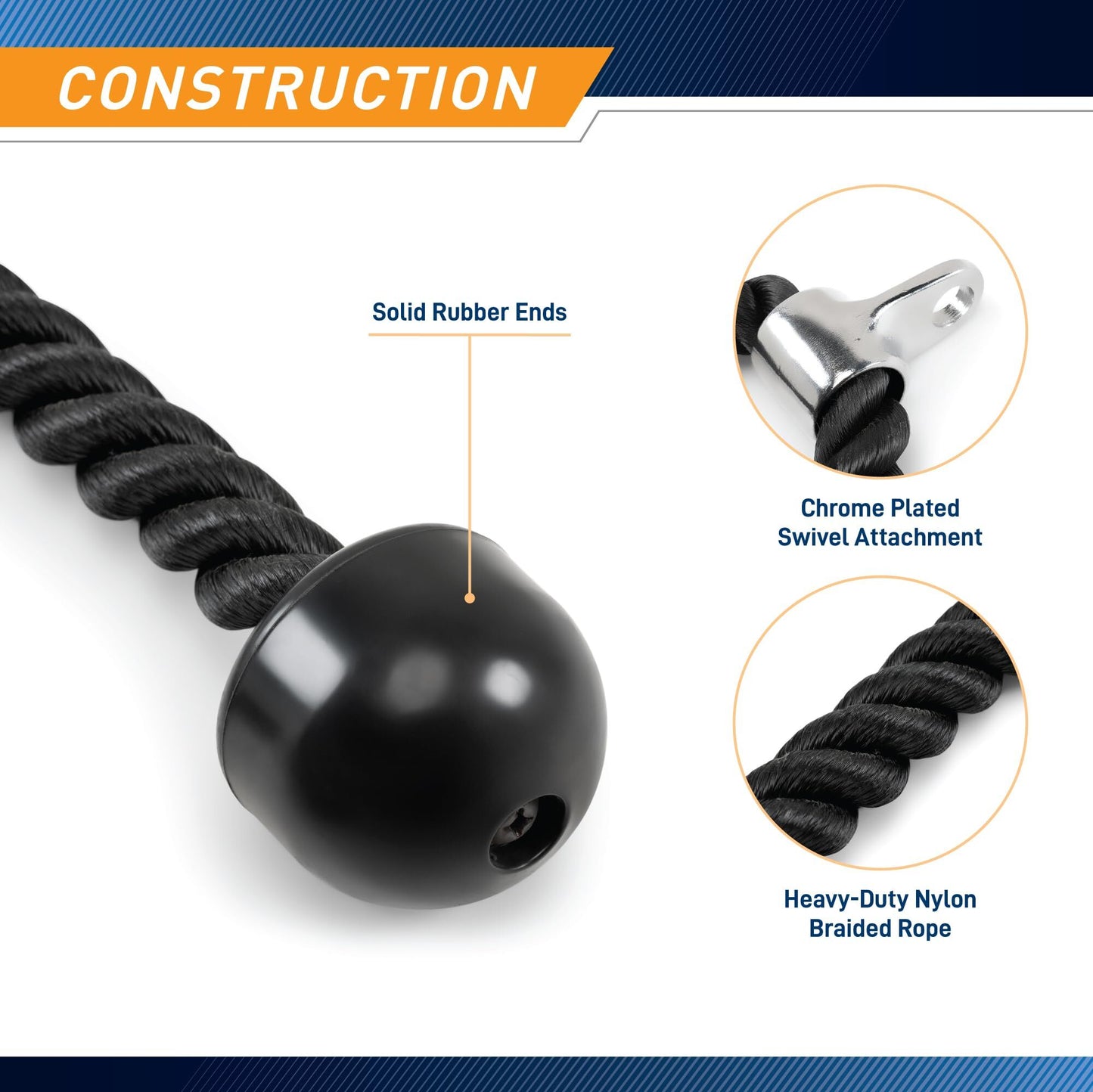 Heavy-Duty Dual-Handle Triceps Rope for Cable Machine – Braided Nylon Fitness Attachment with Rubber Ends (Black) - Image 3