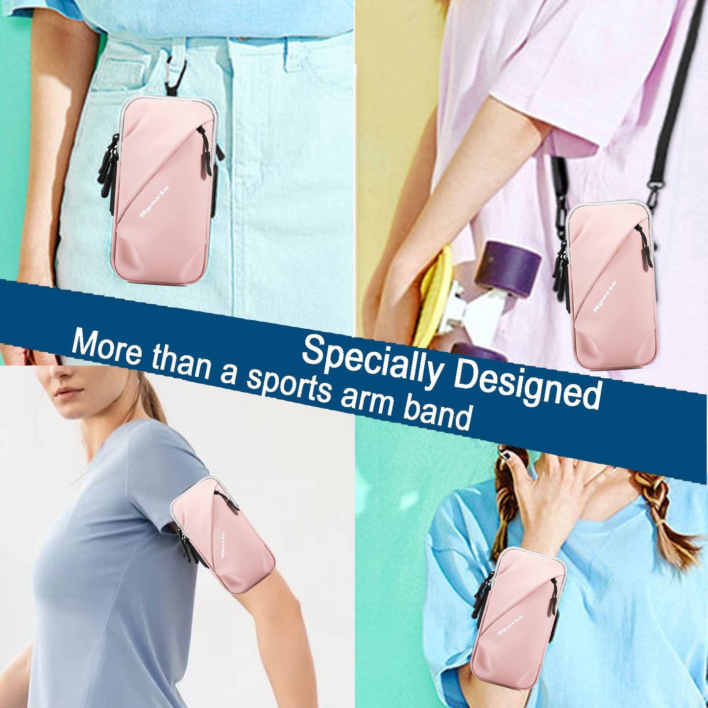 Universal Running Phone Arm Band – Waterproof, Dual Pocket, Adjustable Strap, Breathable Mesh, Fits Phones Up to 6.7 Inches, Crossbody & Waist Clip (Pink) - Image 2