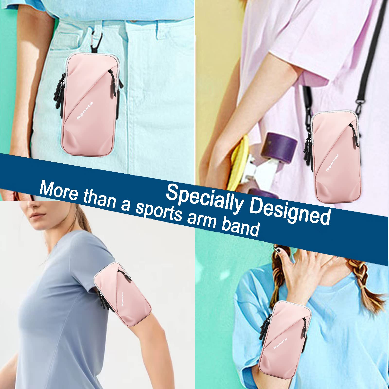 Universal Running Phone Arm Band – Waterproof, Dual Pocket, Adjustable Strap, Breathable Mesh, Fits Phones Up to 6.7 Inches, Crossbody & Waist Clip (Pink) - Image 2