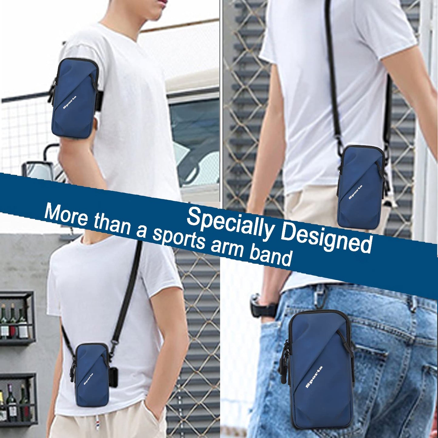 Universal Running Phone Arm Band – Waterproof, Dual Pocket, Adjustable Strap, Breathable Mesh, Fits Phones Up to 6.7 Inches, Crossbody & Waist Clip (Blue) - Image 3