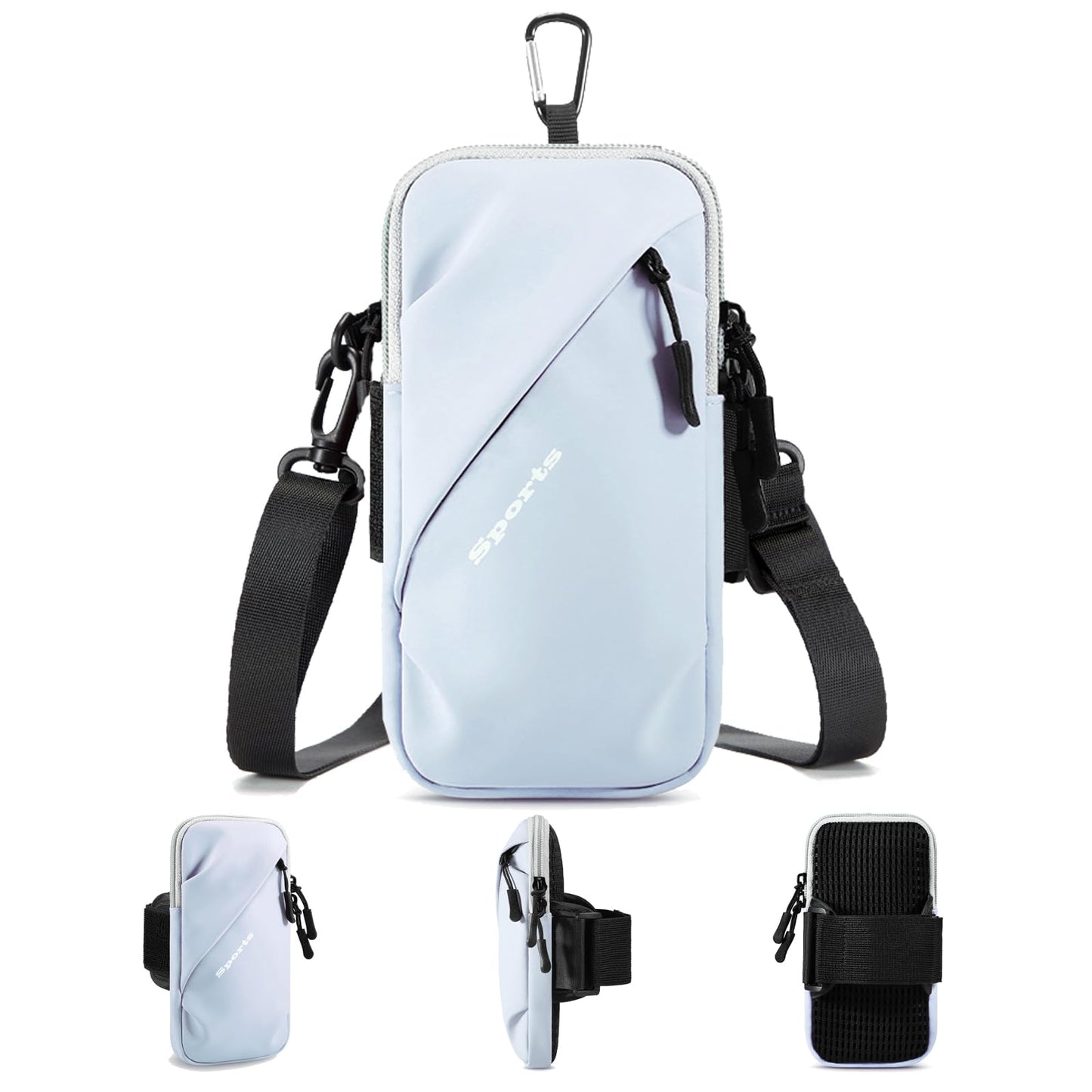 Universal Running Phone Arm Band – Waterproof, Dual Pocket, Adjustable Strap, Breathable Mesh, Fits Phones Up to 6.7 Inches, Crossbody & Waist Clip (Light Blue)