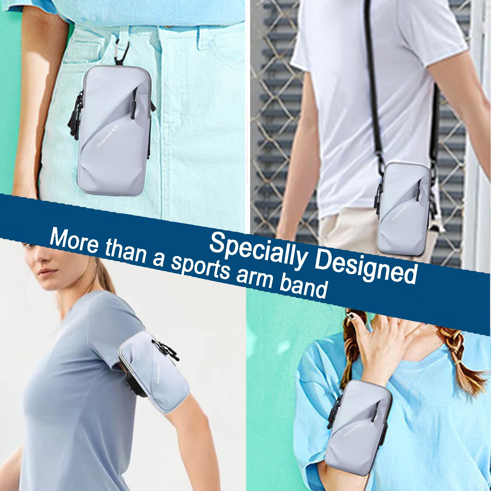 Universal Running Phone Arm Band – Waterproof, Dual Pocket, Adjustable Strap, Breathable Mesh, Fits Phones Up to 6.7 Inches, Crossbody & Waist Clip (Light Blue) - Image 3